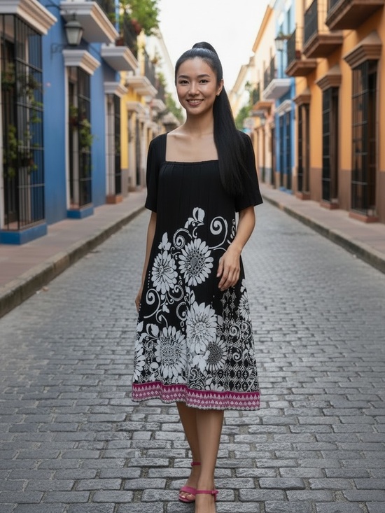 Ice Dresses & Skirts - Ice Black Midi Dress with White Floral Print & Pink Border Square Neckline Sz 14
